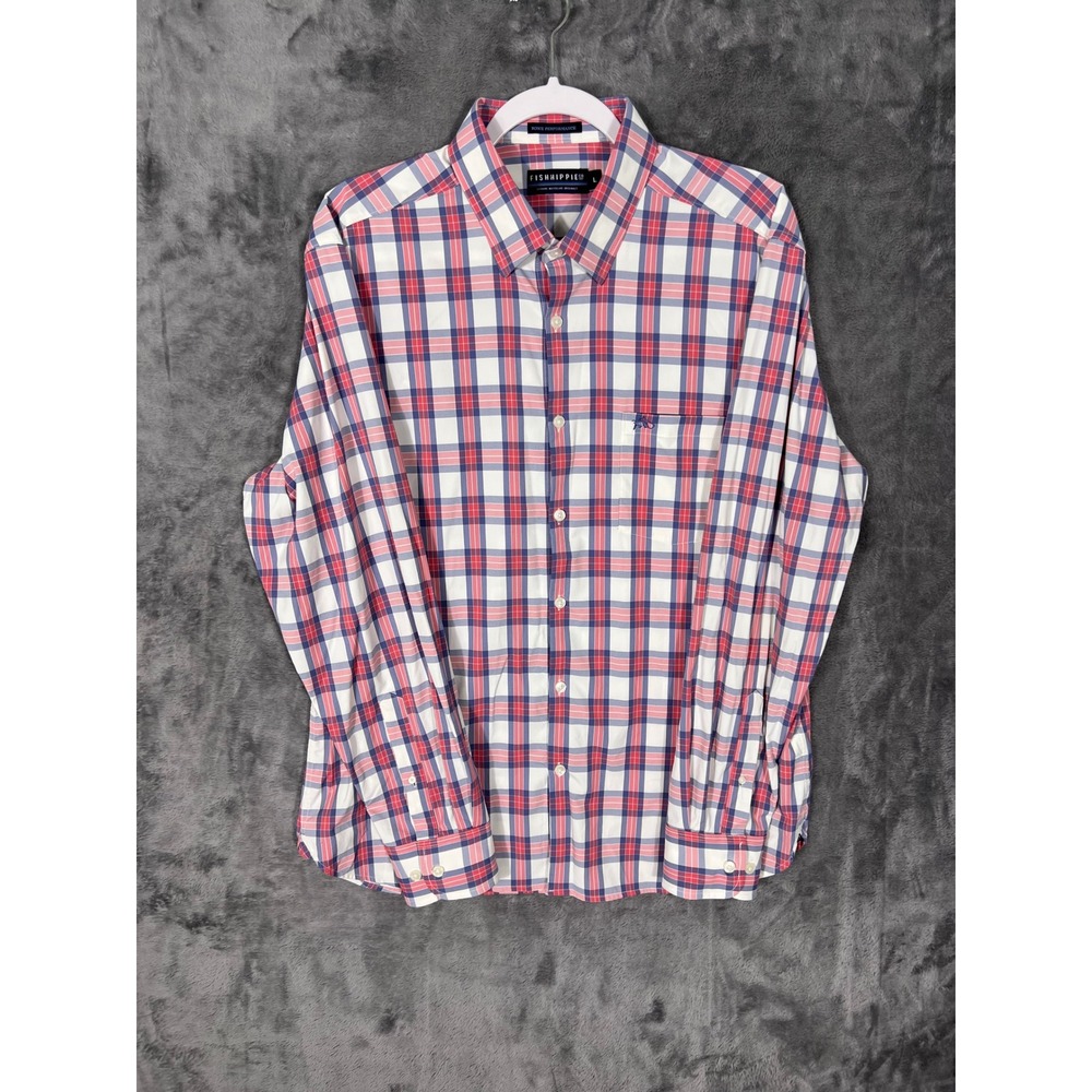 Fish Hippie Co Rowe Performance Plaid Button Down Shirt Mens Large Red Blue